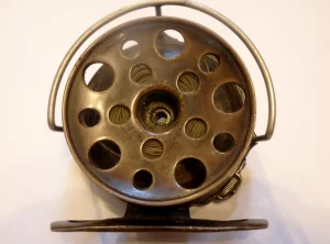 Hardy All Brass Perfect antique fishing reel with nickel silver line guard.